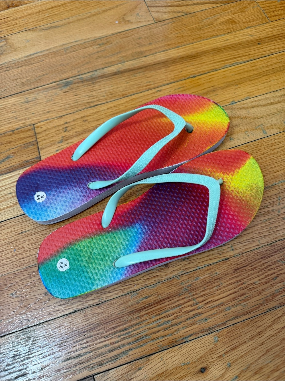 Rainbow Tie-Dye Flip Flop Sandals with Light Blue Straps size 5-6
